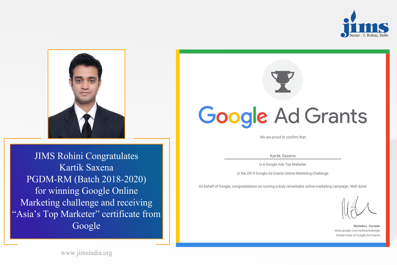 JIMS Rohini Congratulates Kartik Saxena, student PGDM-RM for winning Google Online Marketing challenge