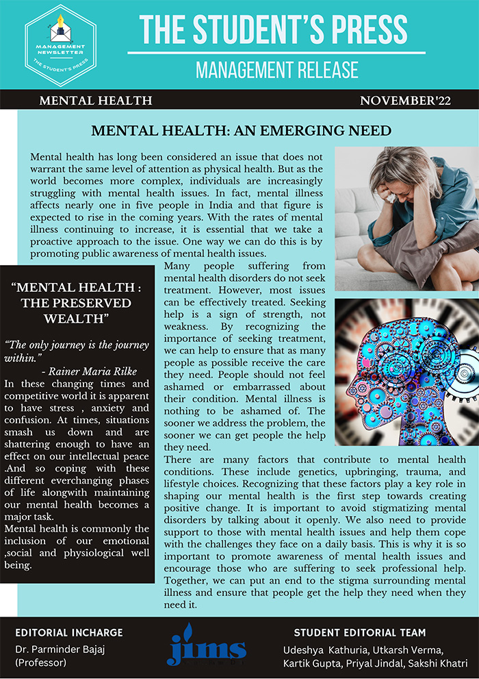 JIMS Management E- Newsletter MENTAL HEALTH: AN EMERGING NEED