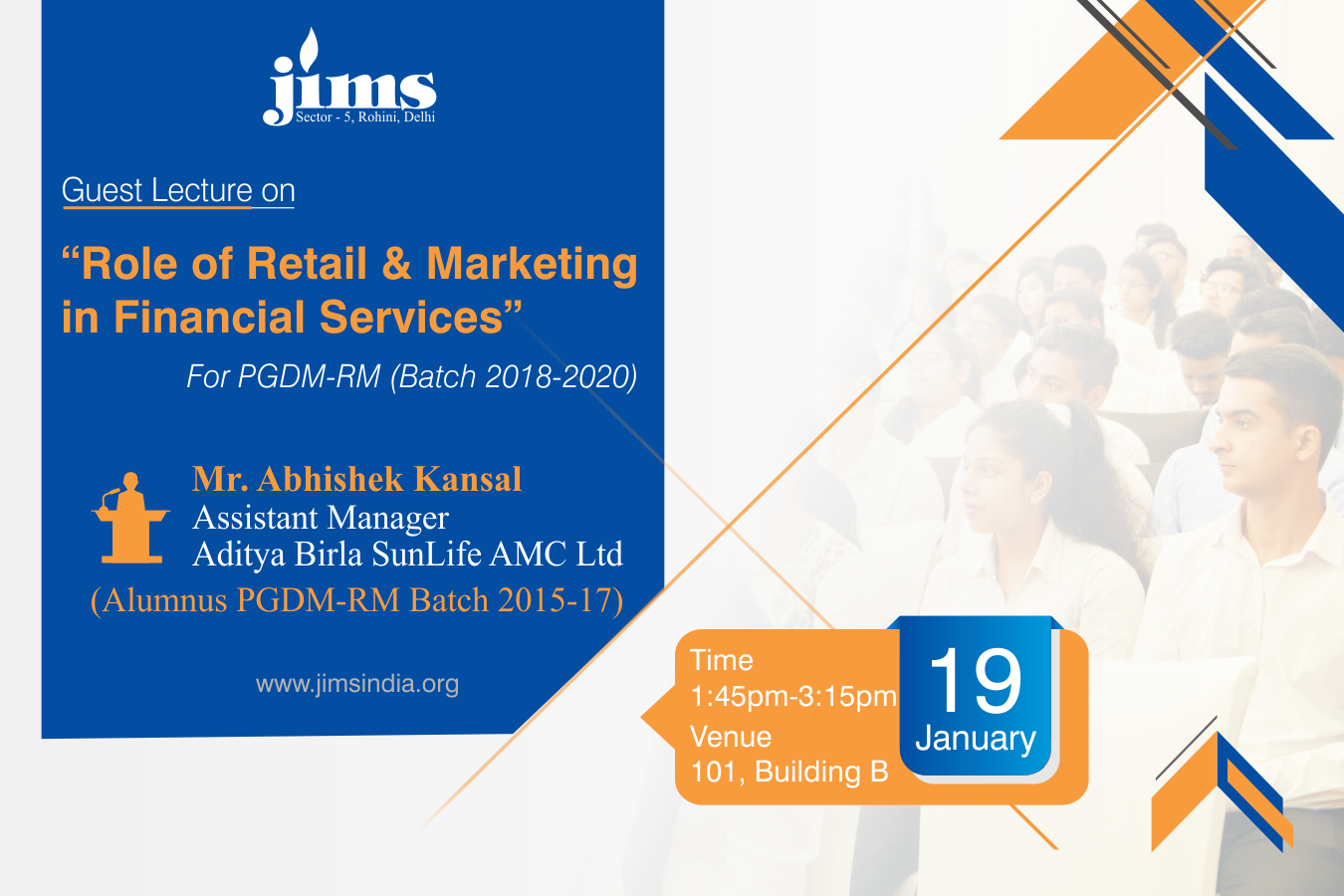 JIMS Rohini organising organizing Guest Lecture on Role of Retail & Marketing in Financial Services